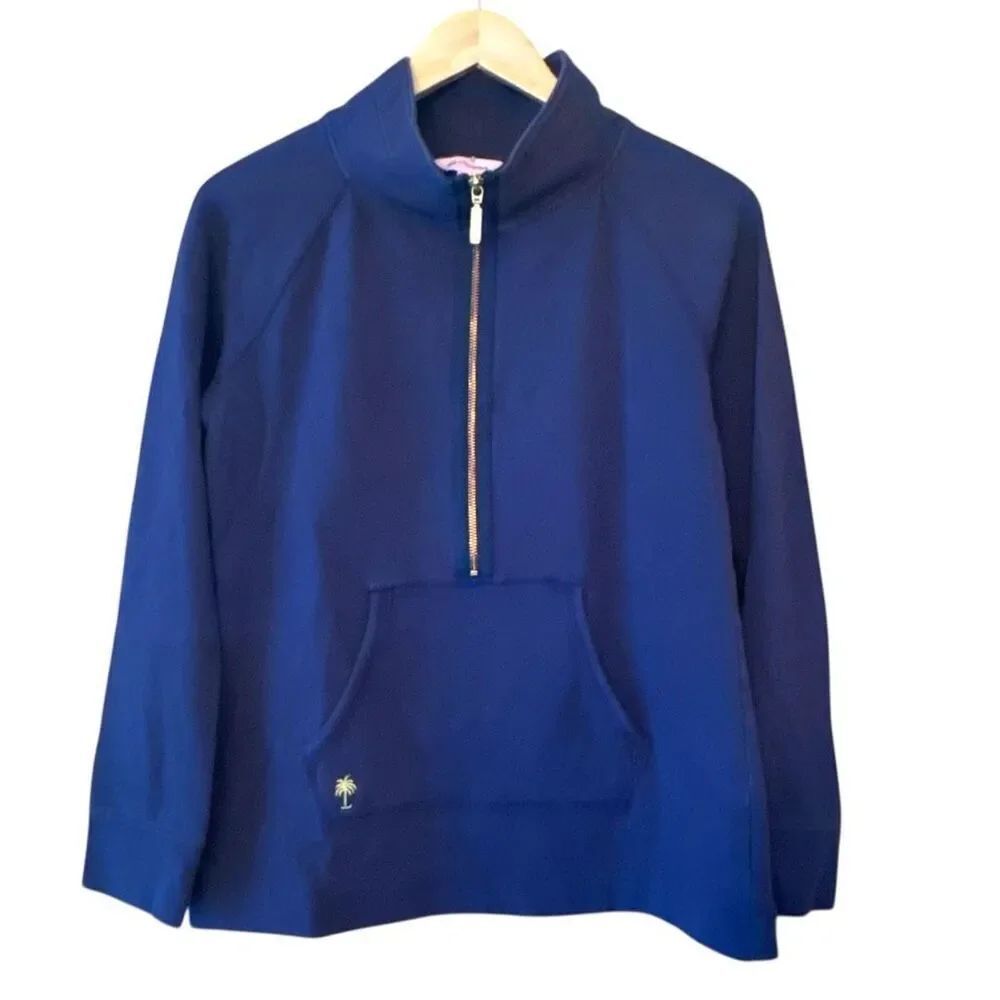 LILLY PULITZER Navy Blue Half Zip Pullover Gold Zipper Palm Tree Embroidery